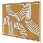 A canvas painting with abstract geometric lines in white and gold colors, framed in a white oak frame.