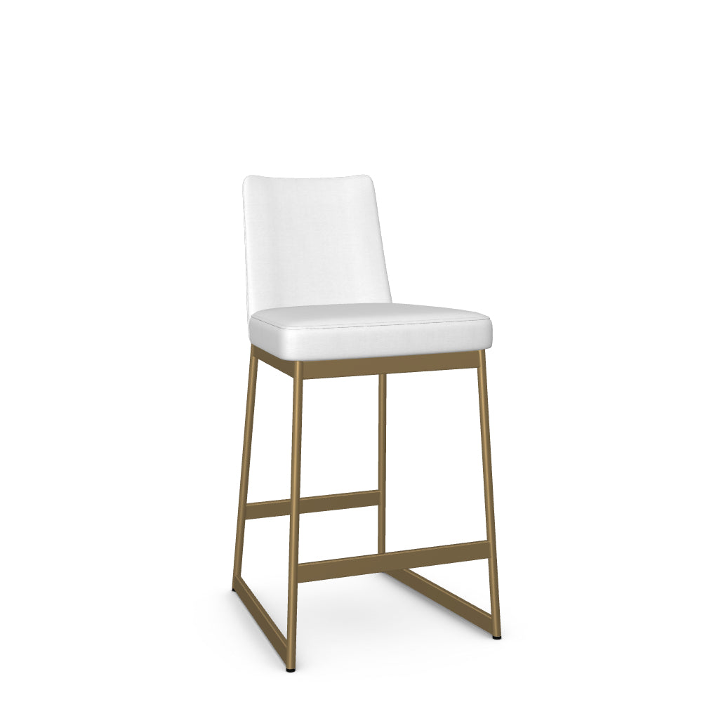 A white counter dining chair with a gold metal frame and a full backrest.