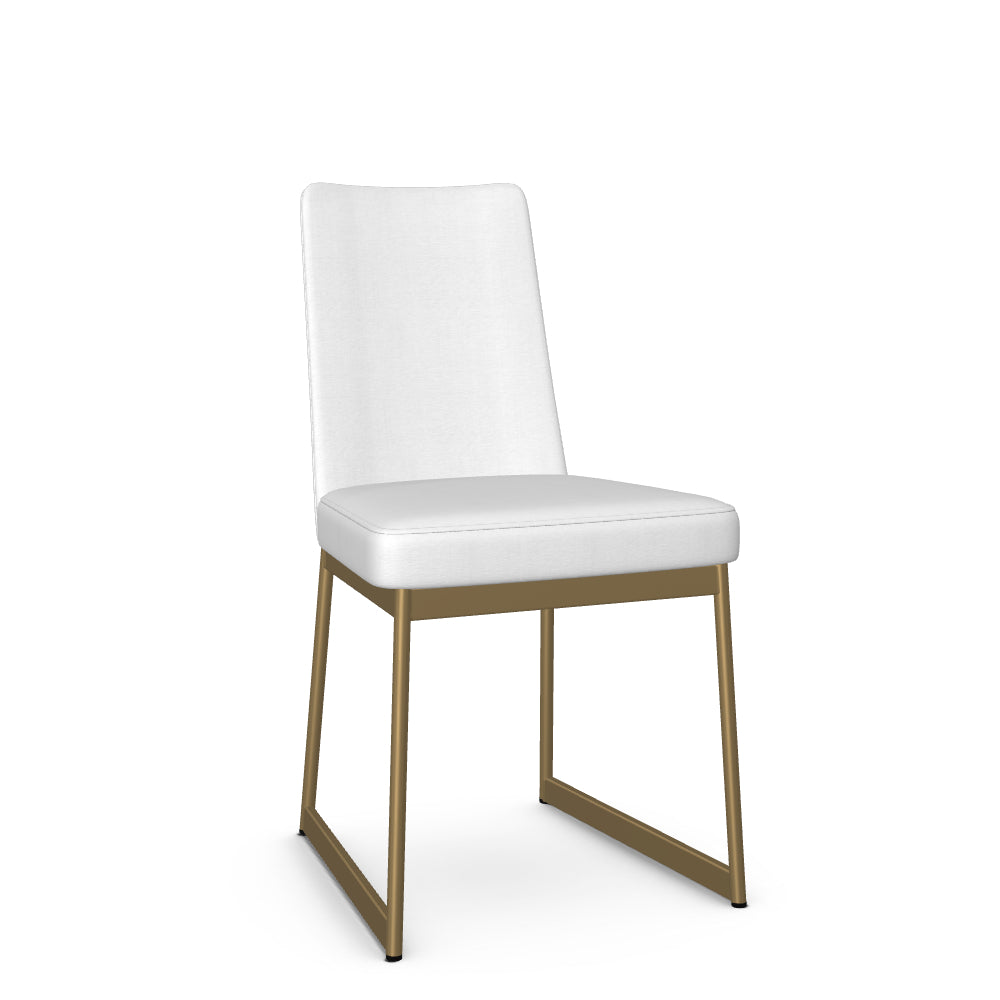 A white dining chair with a upholstered backrest and seat, featuring a gold-colored metal frame.
