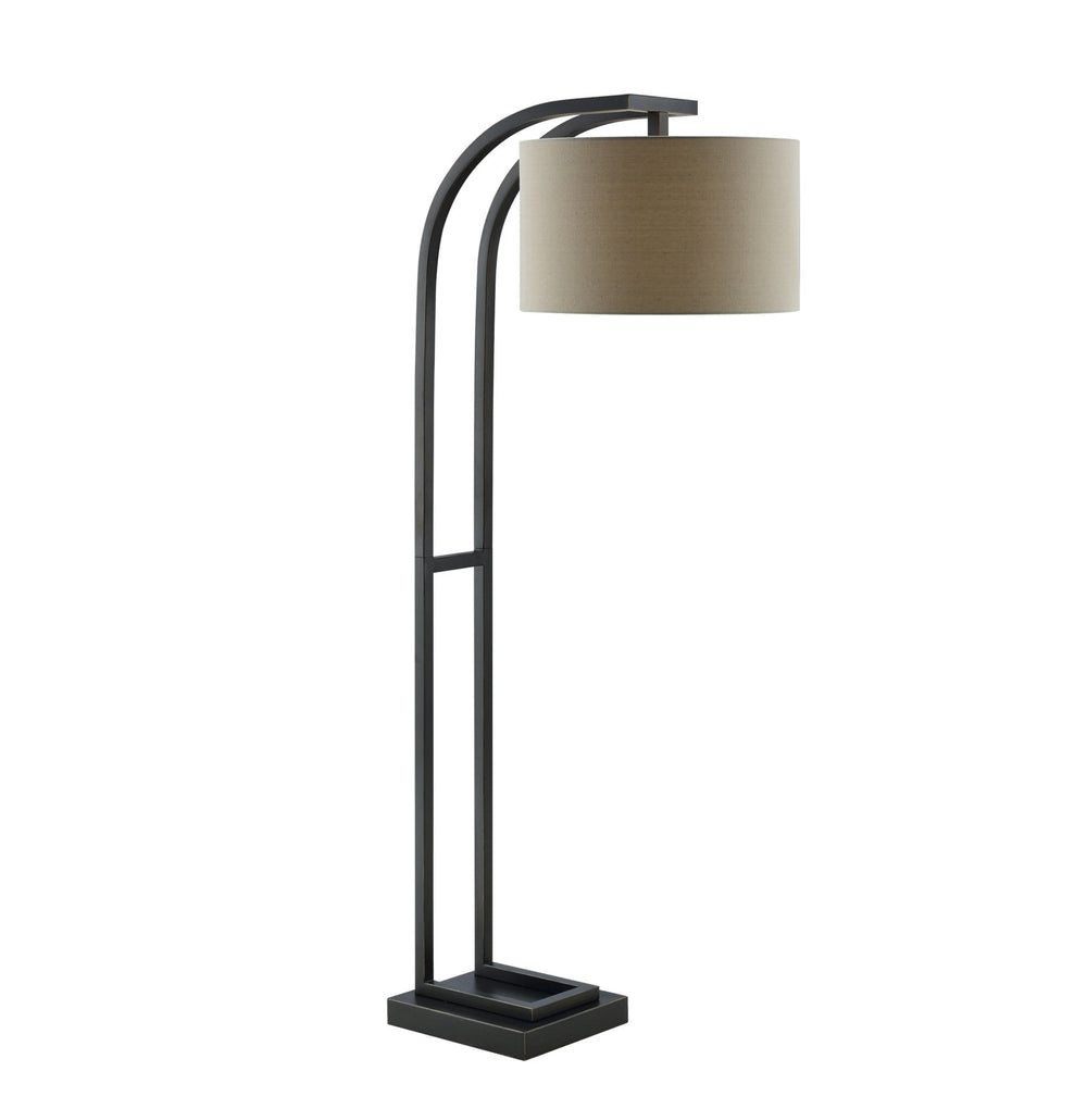 Floor lamp with a curved arm and beige shade on a white background