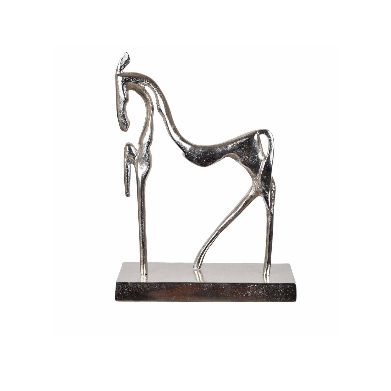 A large horse sculpture made of aluminum, featuring a modern design with a gray finish on a black base.