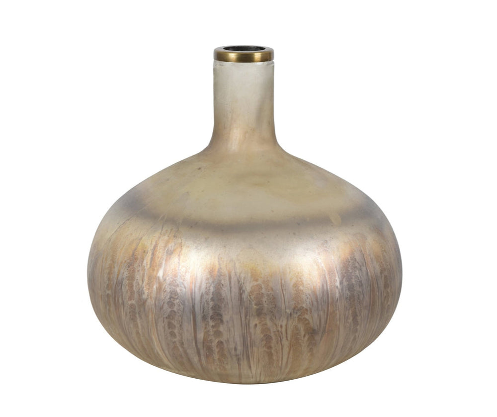 A brass colored glass vase with an iridescent metallic luster finish, showing both opaque and transparent areas.