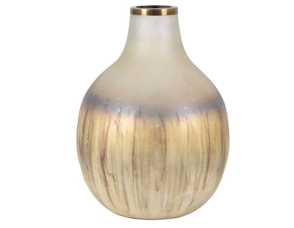 A brass colored glass vase with an iridescent quality and a metallic luster finish.