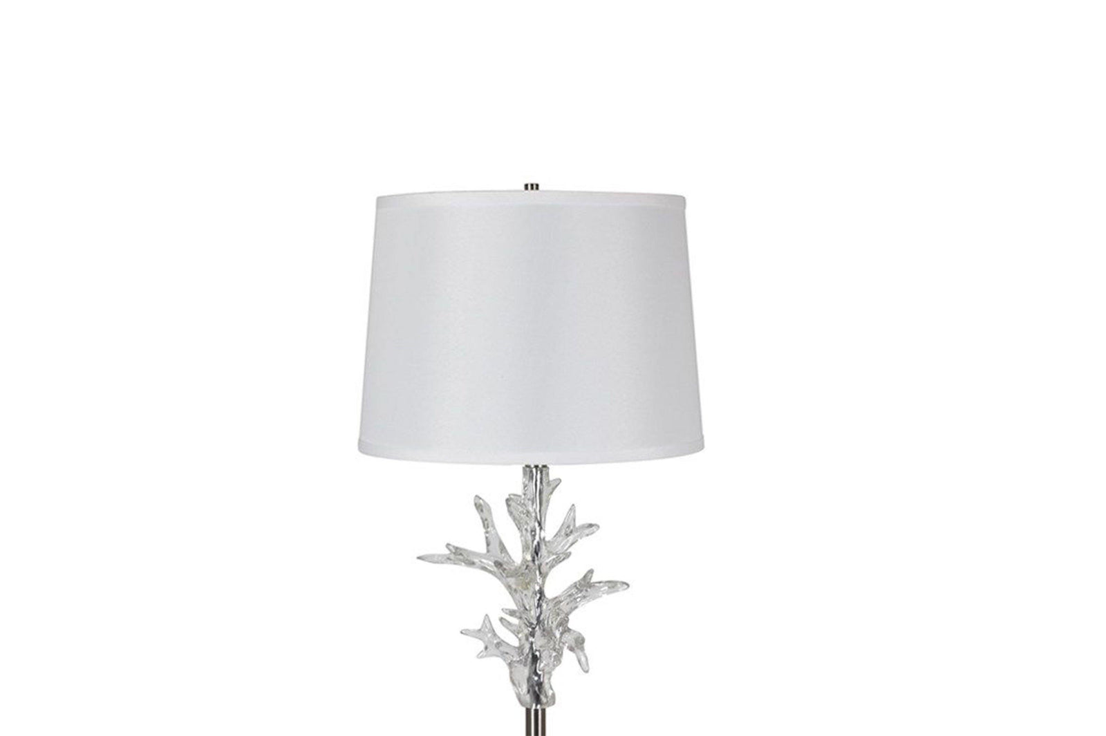 Close-up floor lamp with decorative base and white shade on a white background
