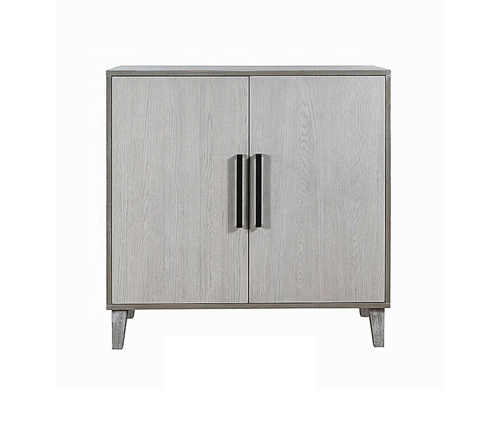 Gray cabinet with two doors and black handles on a white background