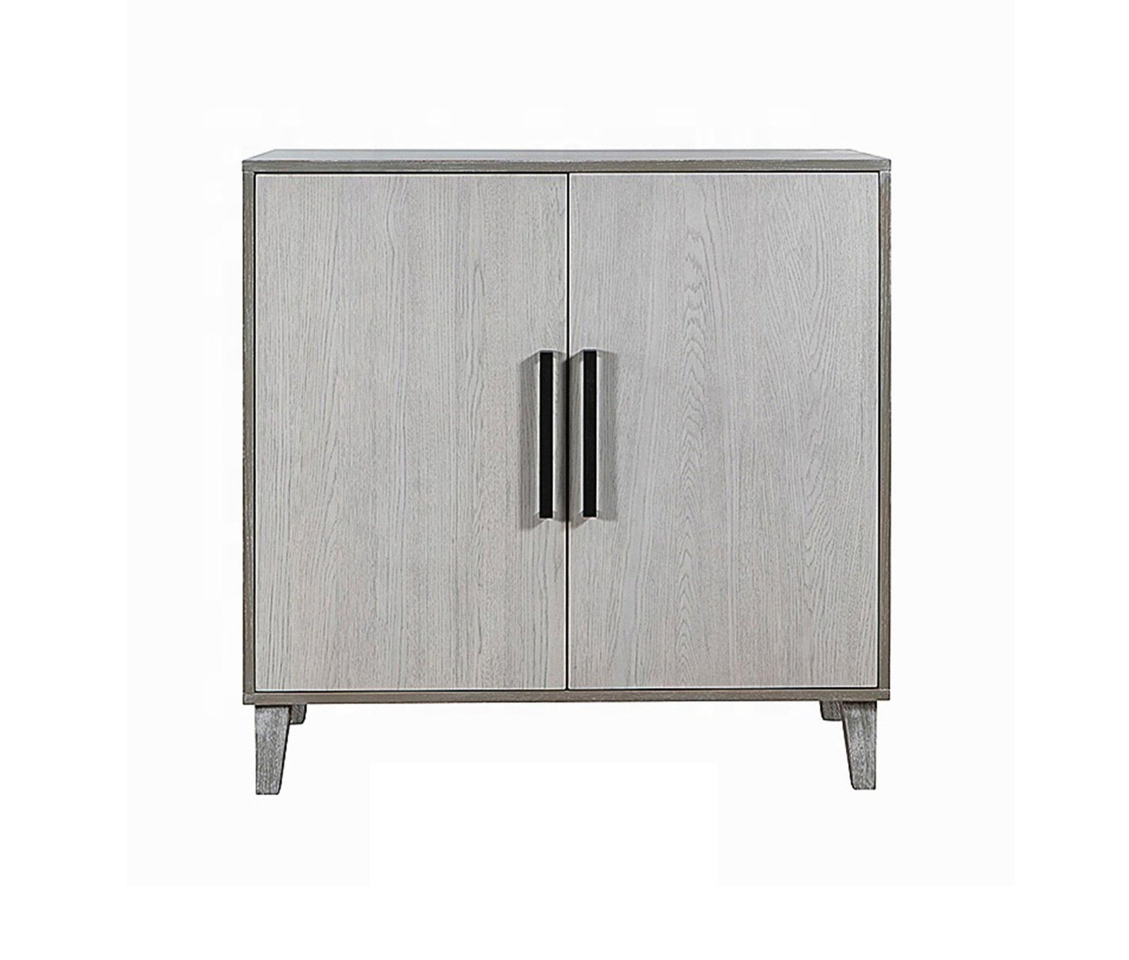 Gray cabinet with two doors and black handles on a white background