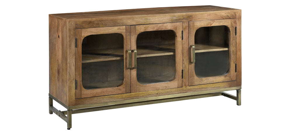 A brown wooden sideboard with brass steel base, featuring glass doors and windows.