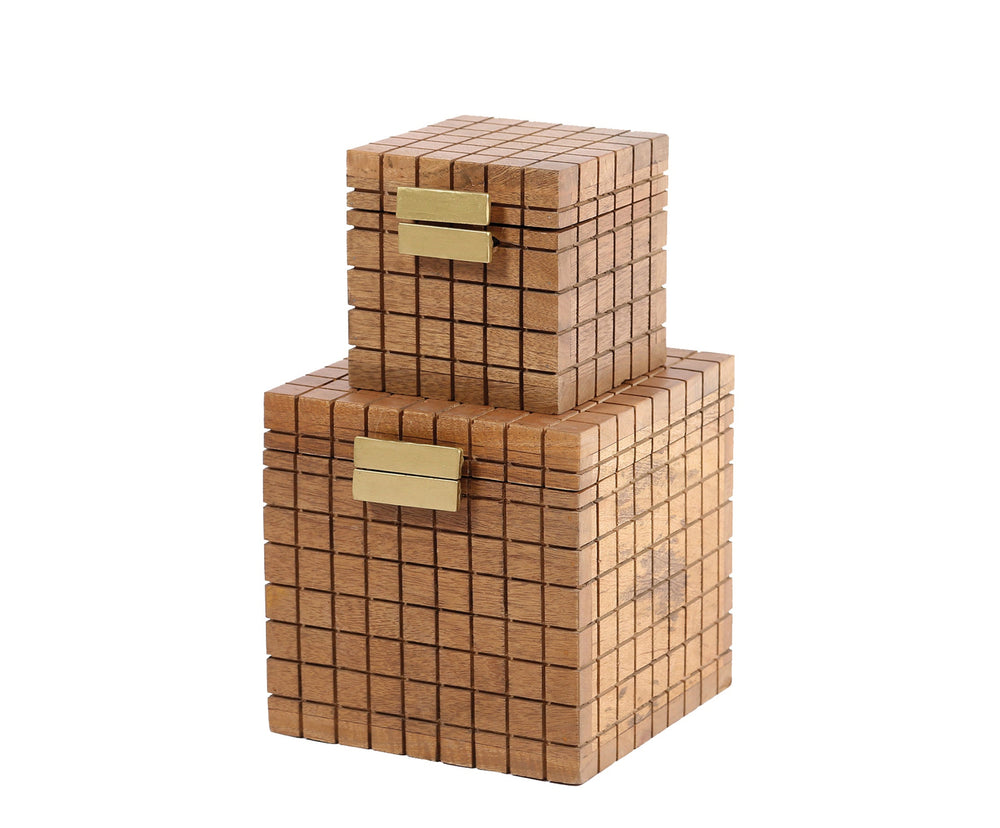 Two brown mango wood modular storage cubes with a natural finish and iron antique brass plated handles.