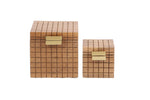 Two brown mango wood modular storage cubes with a natural finish and iron antique brass plated handles.