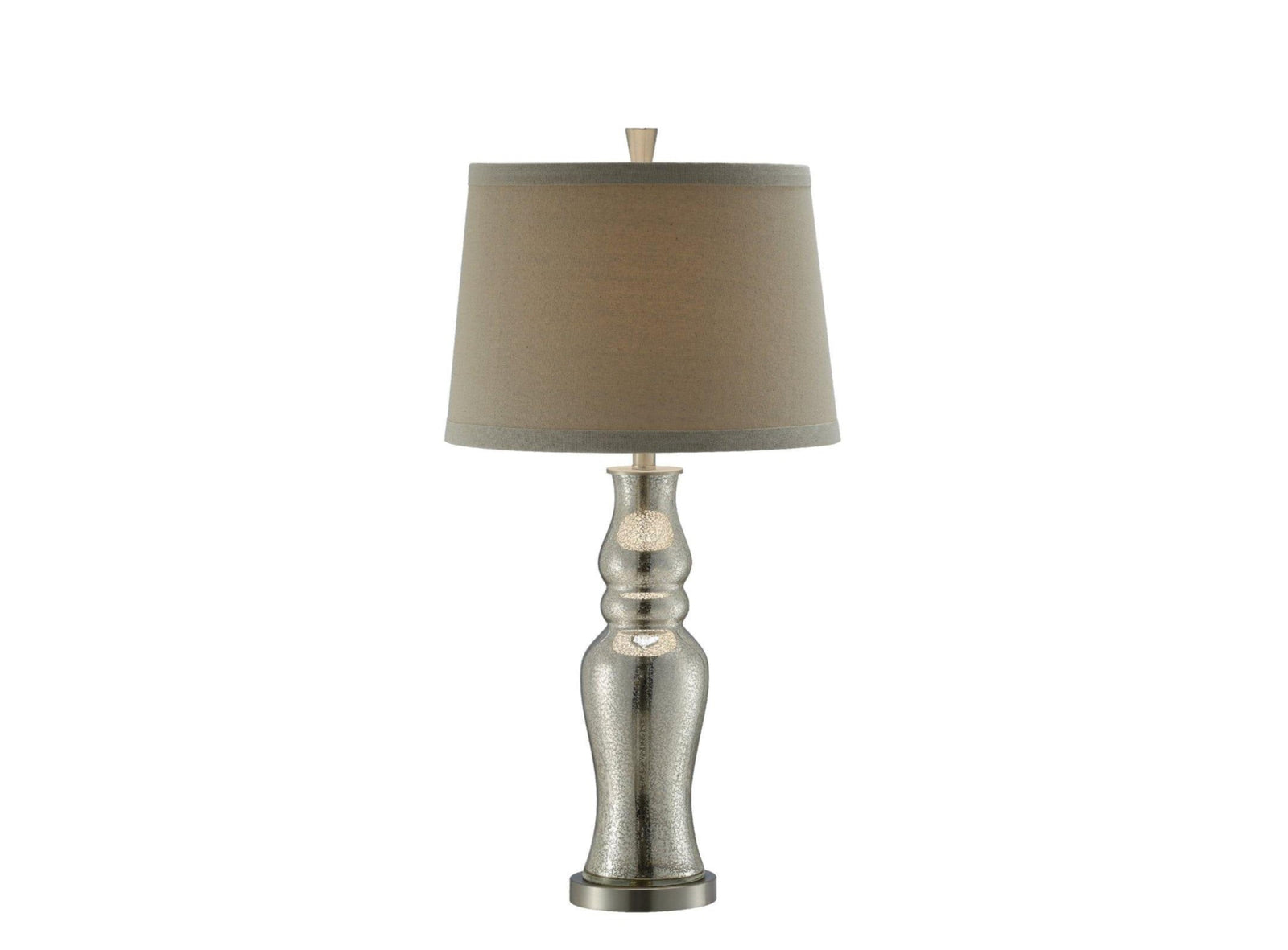 A table lamp with a champagne mercury finish, featuring a cream-colored shade and a metallic base.