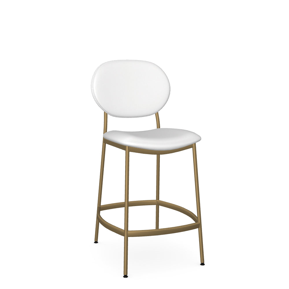 A white counter stool with a full back and an oval-shaped seat, featuring a gold-colored metal frame.