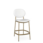 A white counter stool with a full back and an oval-shaped seat, featuring a gold-colored metal frame.