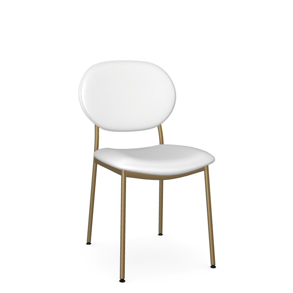 A white dining chair with a full backrest and gold-colored metal legs.