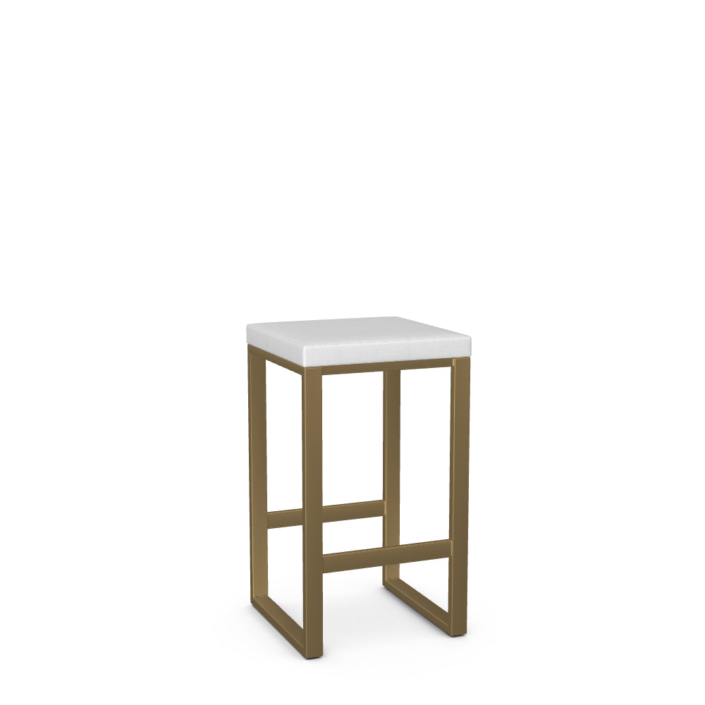 A counter stool with a white seat and a gold-colored metal frame.
