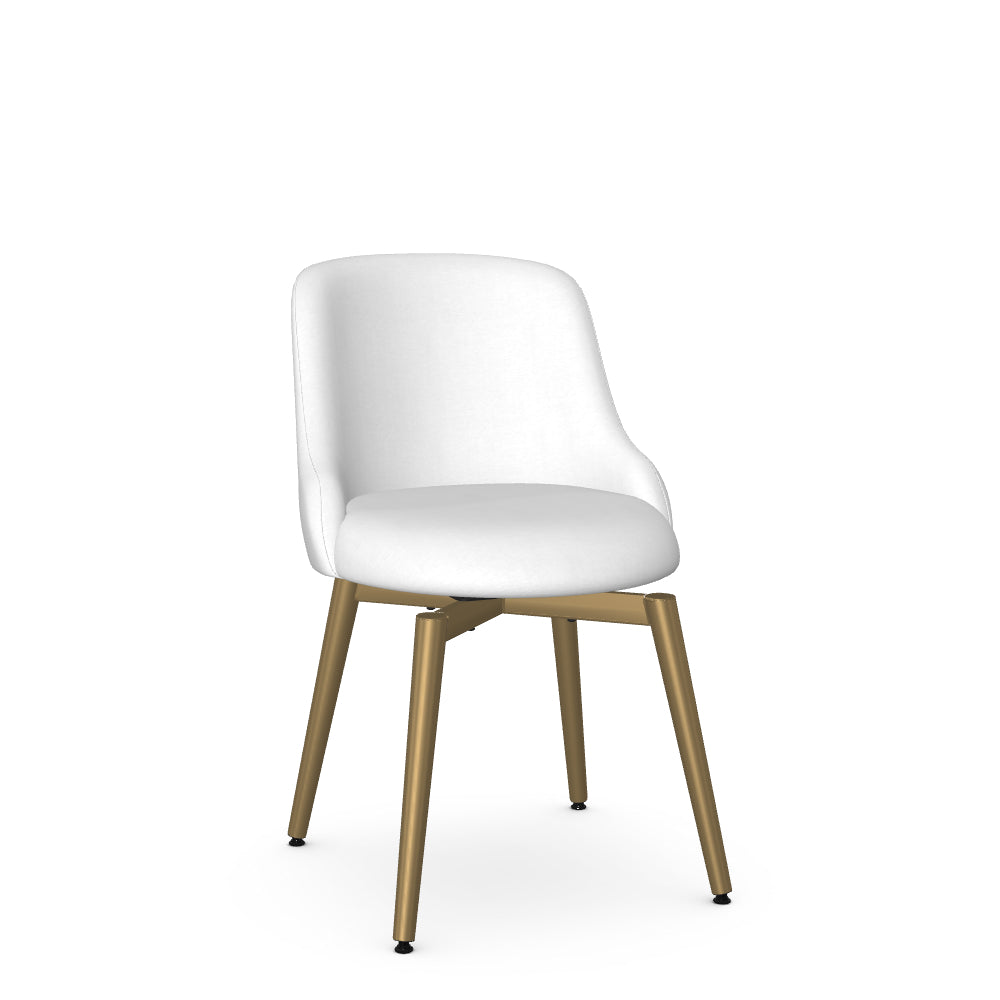 A white upholstered swivel dining chair with a wooden frame and metal legs.