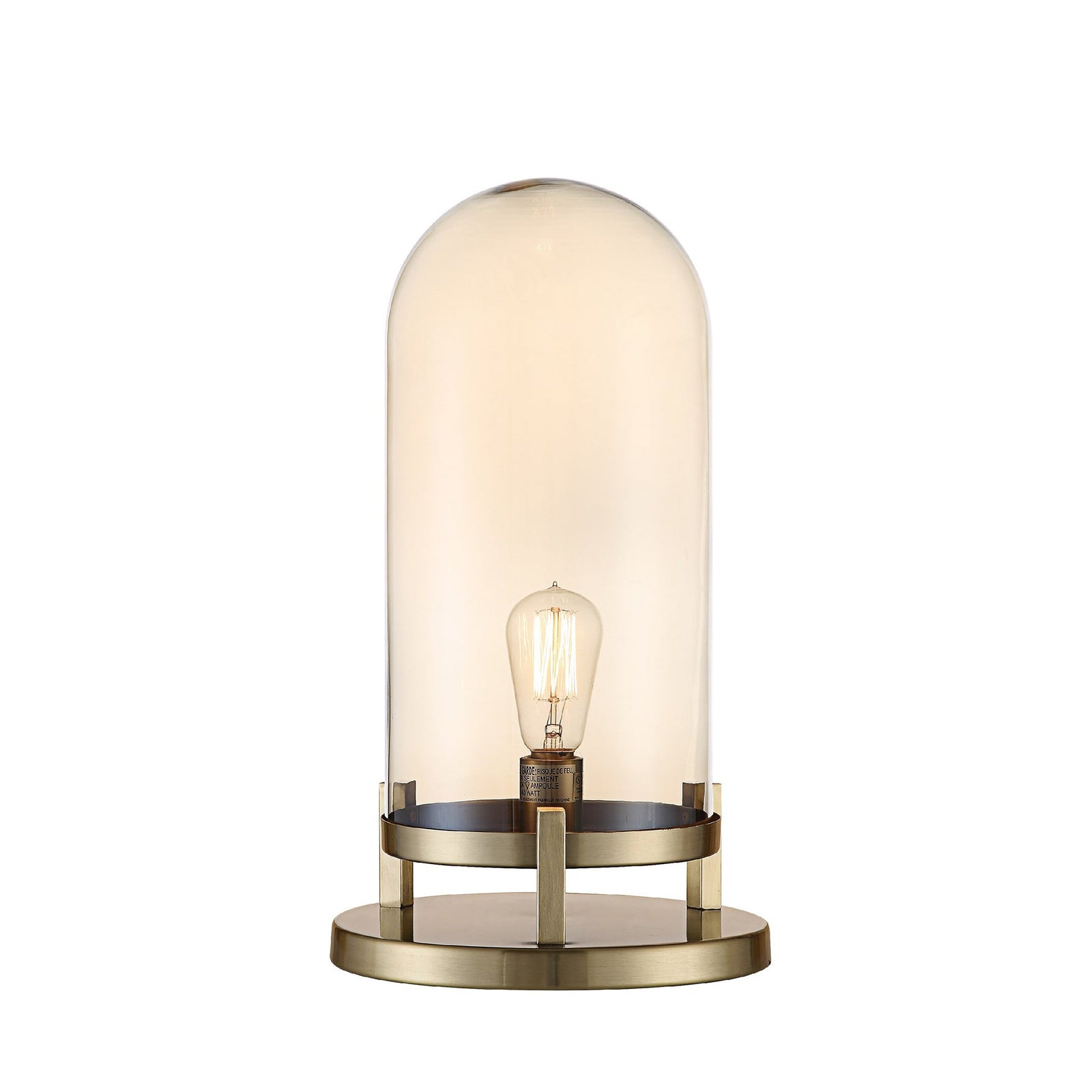 A table lamp with a brass finished dome top and a smoked glass base.