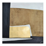 An abstract color-blocking painting featuring geometric shapes in beige, black, and gold tones.