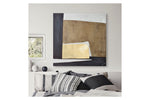 An abstract color-blocking painting featuring geometric shapes in beige, black, and gold tones.