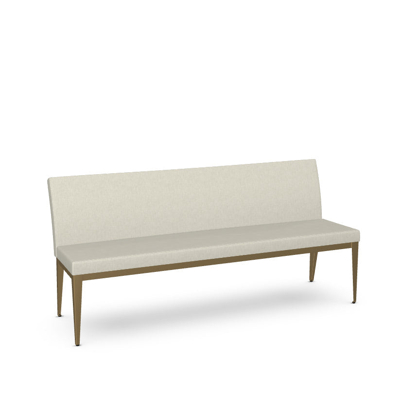 Kay Bench
A modern beige bench with a cushioned seat and a low backrest, featuring a gold-colored metal frame.