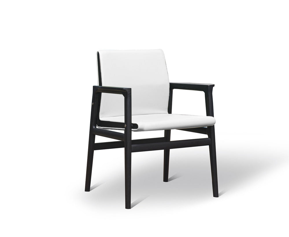 AKennedy Dining Arm Chair with a white upholstered seat and backrest, and a dark wooden frame.