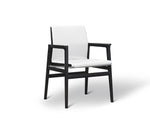 AKennedy Dining Arm Chair with a white upholstered seat and backrest, and a dark wooden frame.
