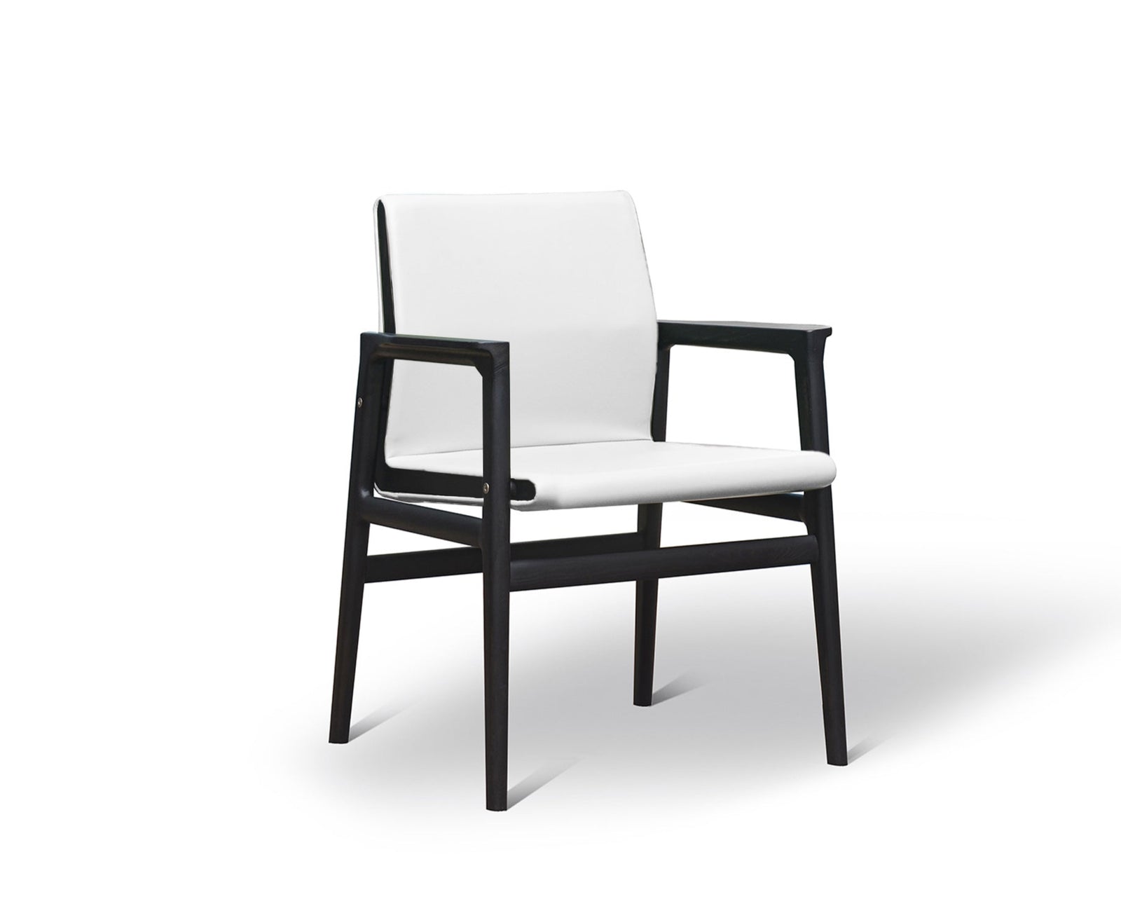 AKennedy Dining Arm Chair with a white upholstered seat and backrest, and a dark wooden frame.