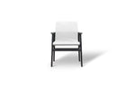AKennedy Dining Arm Chair with a white upholstered seat and backrest, and a dark wooden frame.