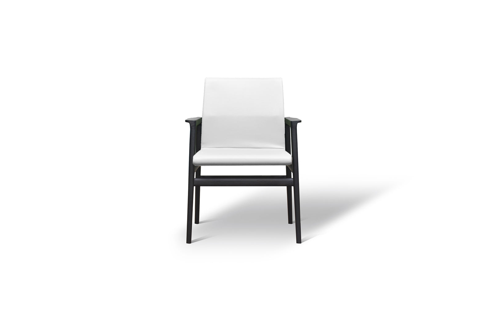AKennedy Dining Arm Chair with a white upholstered seat and backrest, and a dark wooden frame.