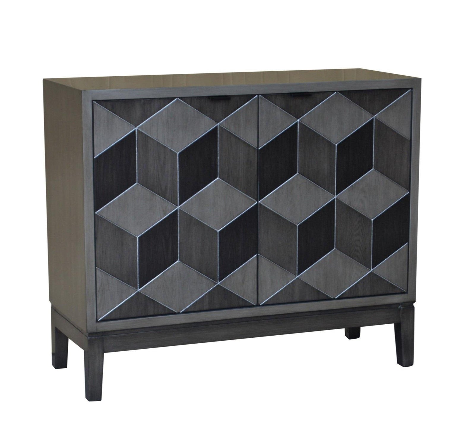 A contemporary style sideboard with two doors and a geometric pattern on the front, primarily in gray tones.