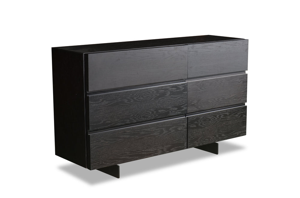 Black dresser with multiple drawers on a white background