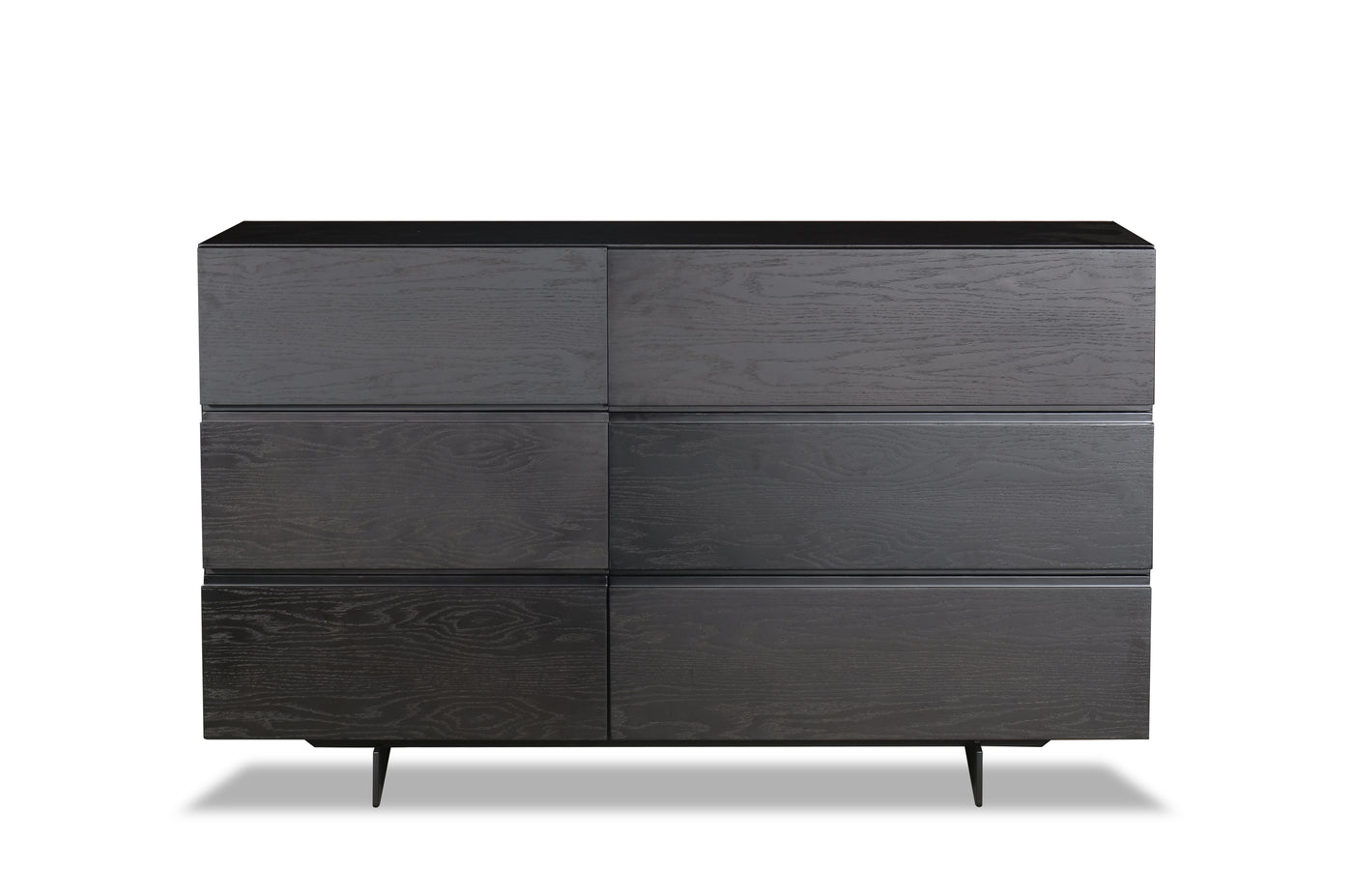 Black dresser with multiple drawers on a white background