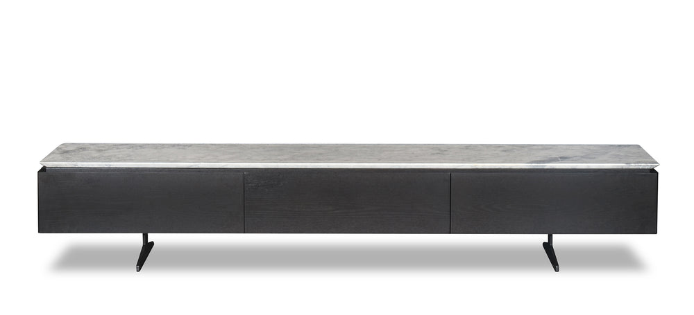 A gray marble TV console with a modern design, featuring a long surface with three recessed sections and metal legs.