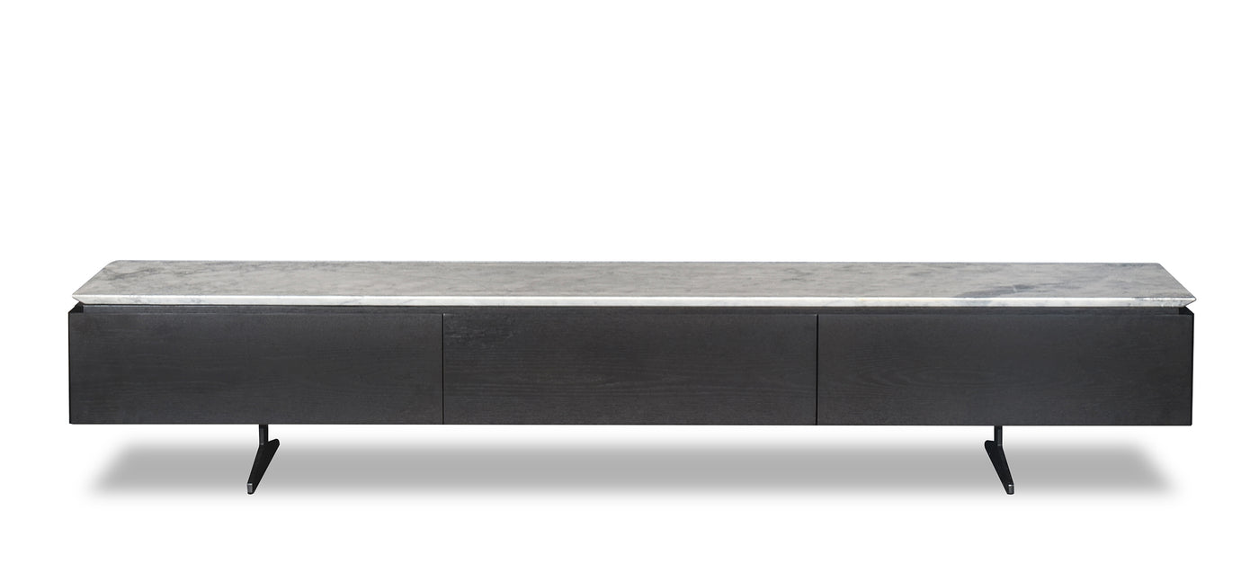 A gray marble TV console with a modern design, featuring a long surface with three recessed sections and metal legs.
