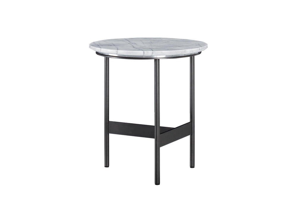 Small round table with marble top and black metal legs on a white background