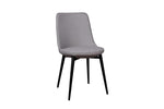 A gray upholstered dining chair with slim black matte finish steel legs.