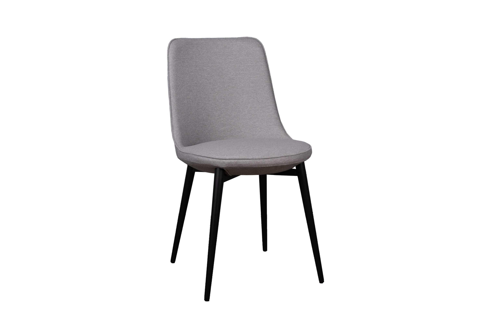 A gray upholstered dining chair with slim black matte finish steel legs.