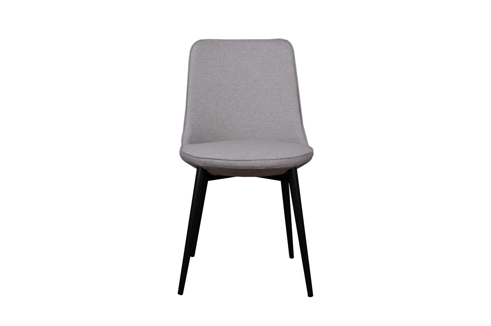 A gray upholstered dining chair with slim black matte finish steel legs.