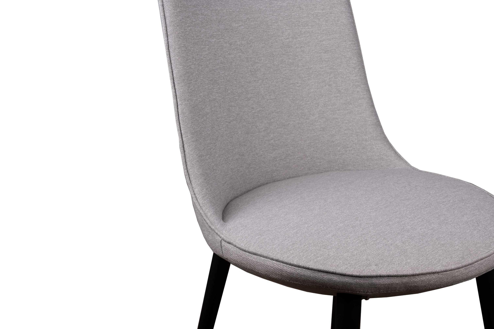 A gray upholstered dining chair with slim black matte finish steel legs.