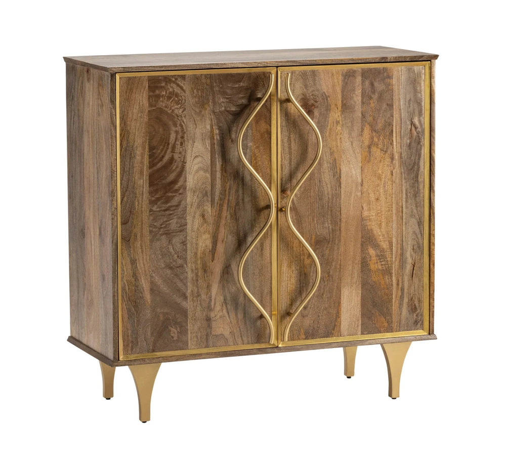 A brown wooden sideboard with brass-colored legs and a curved design.