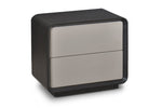 Small nightstand with two drawers, one black and one silver, on a white background