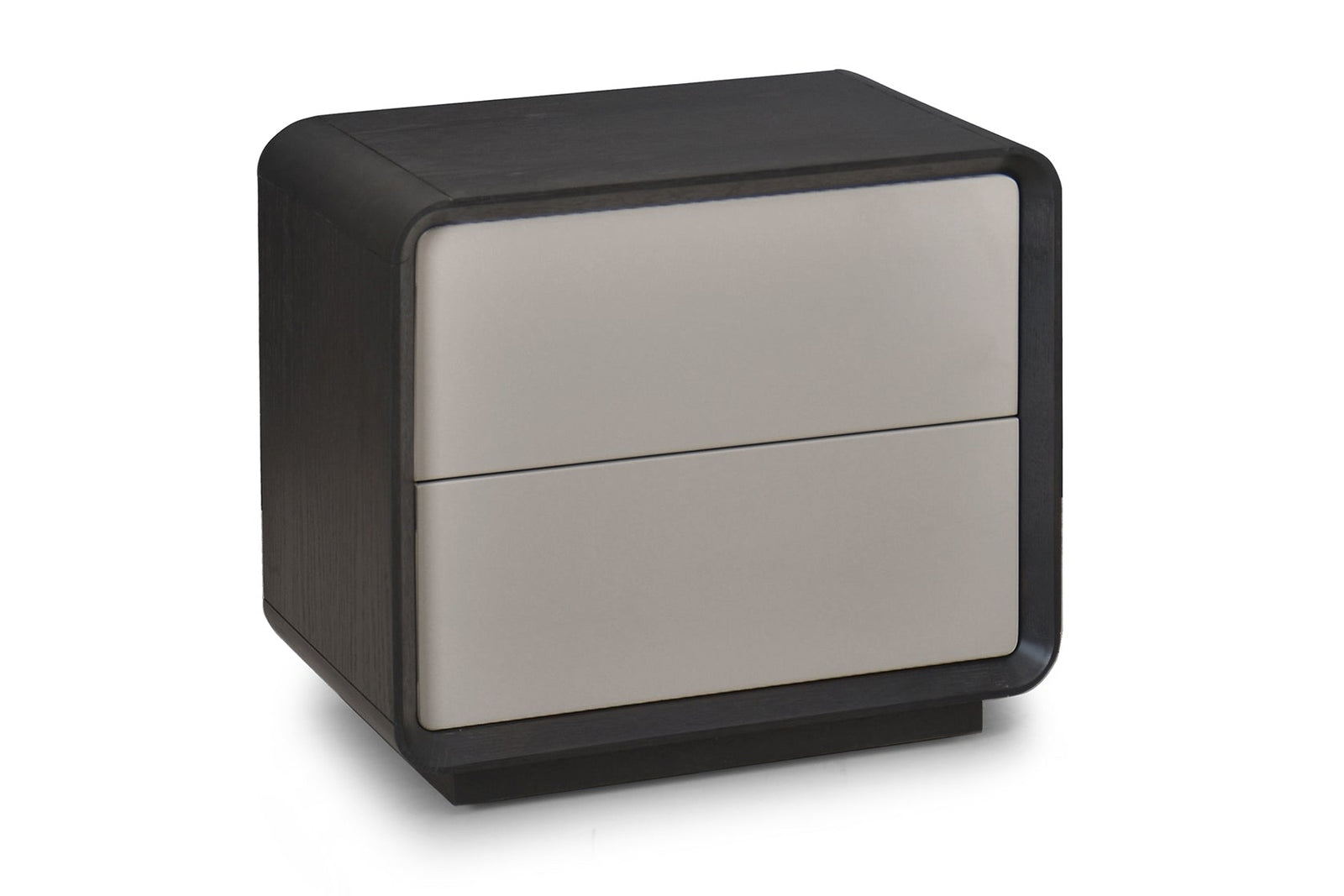 Small nightstand with two drawers, one black and one silver, on a white background