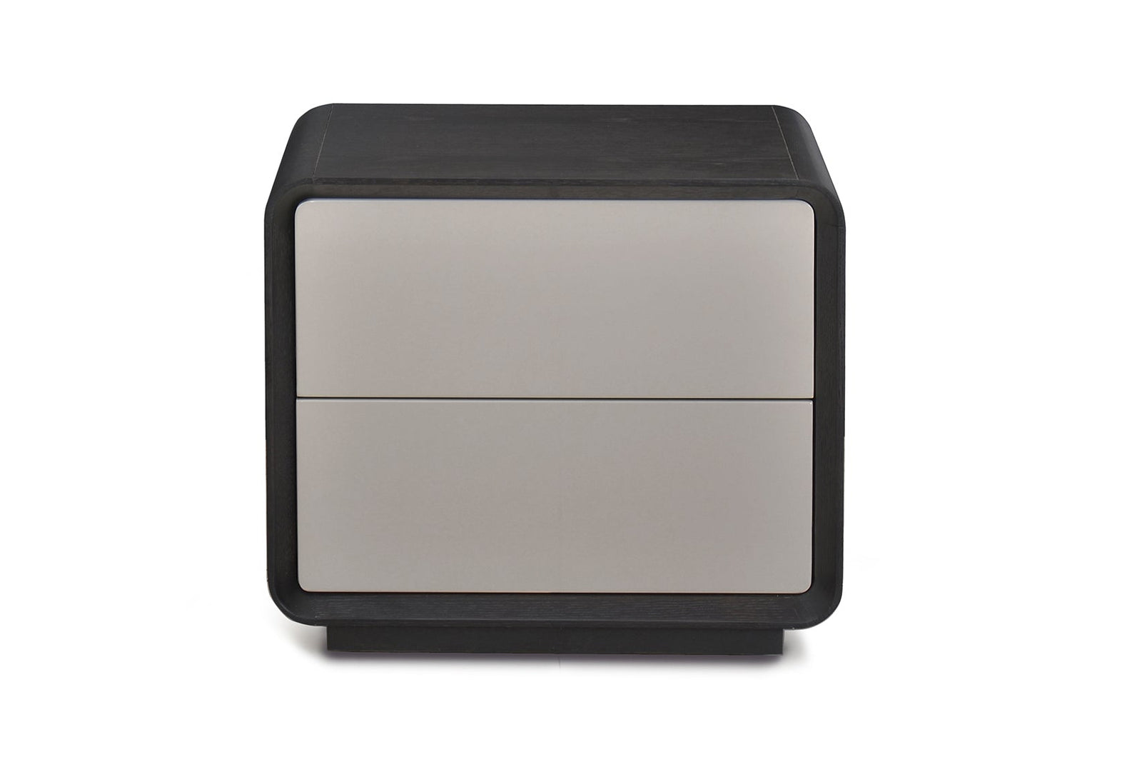 Small nightstand with two drawers, one black and one silver, on a white background