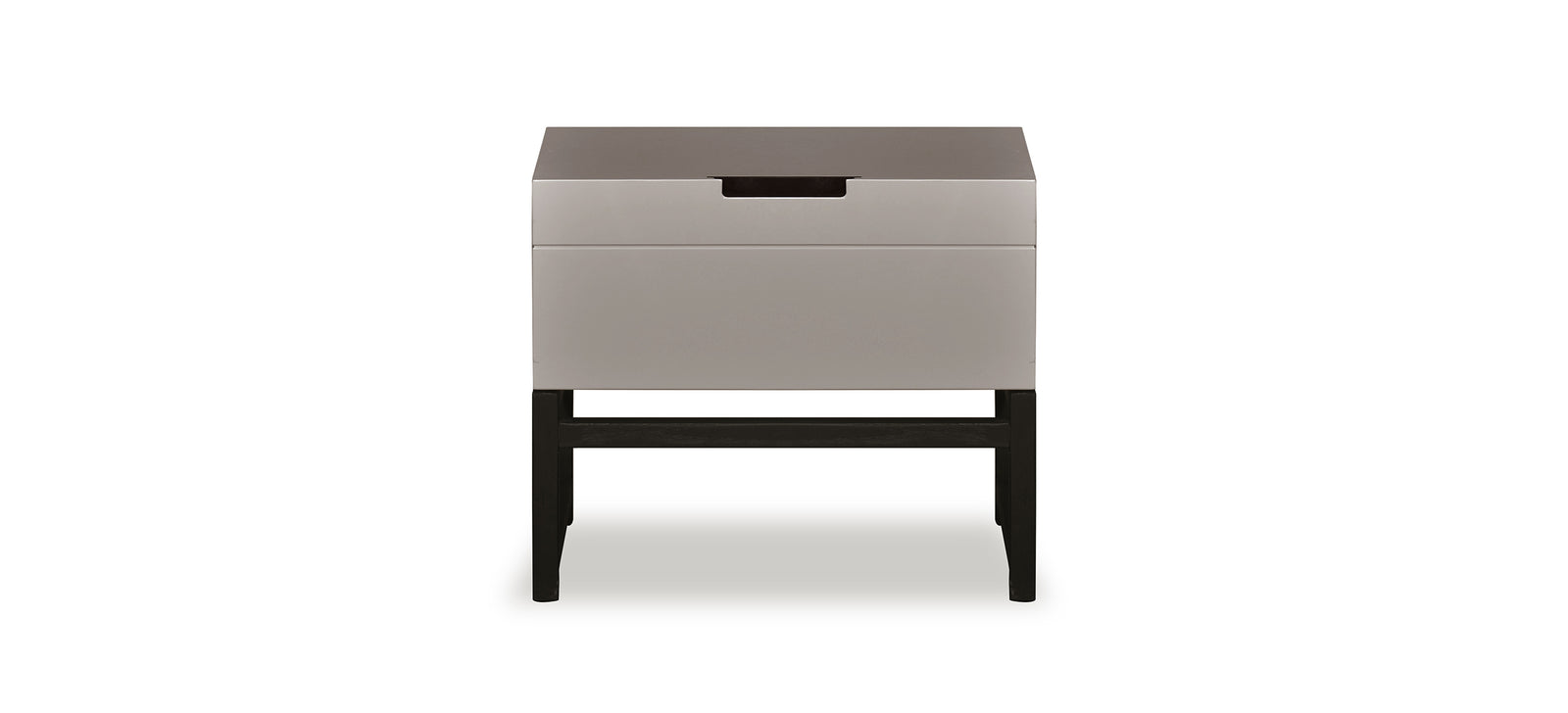 Small side table with a gray top and black base on a white background