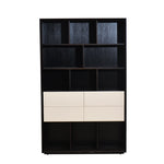 Black and white bookshelf with multiple shelves on a white background