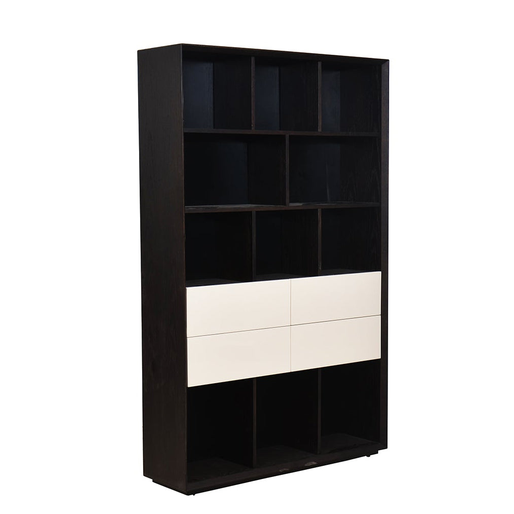 Black and white bookshelf with multiple shelves on a white background