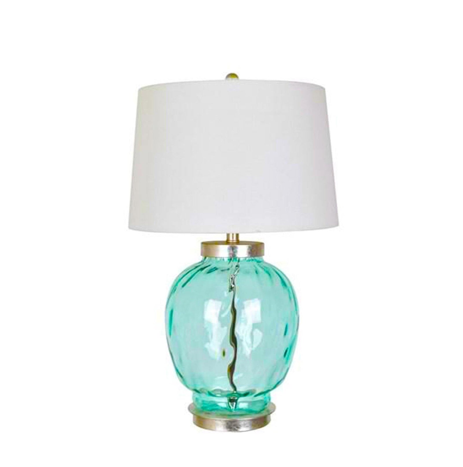 Turquoise glass table lamp with a white shade on a white background
