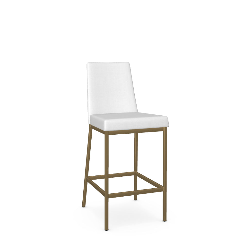 A white counter stool with a metal frame and a seat height of 26 inches.