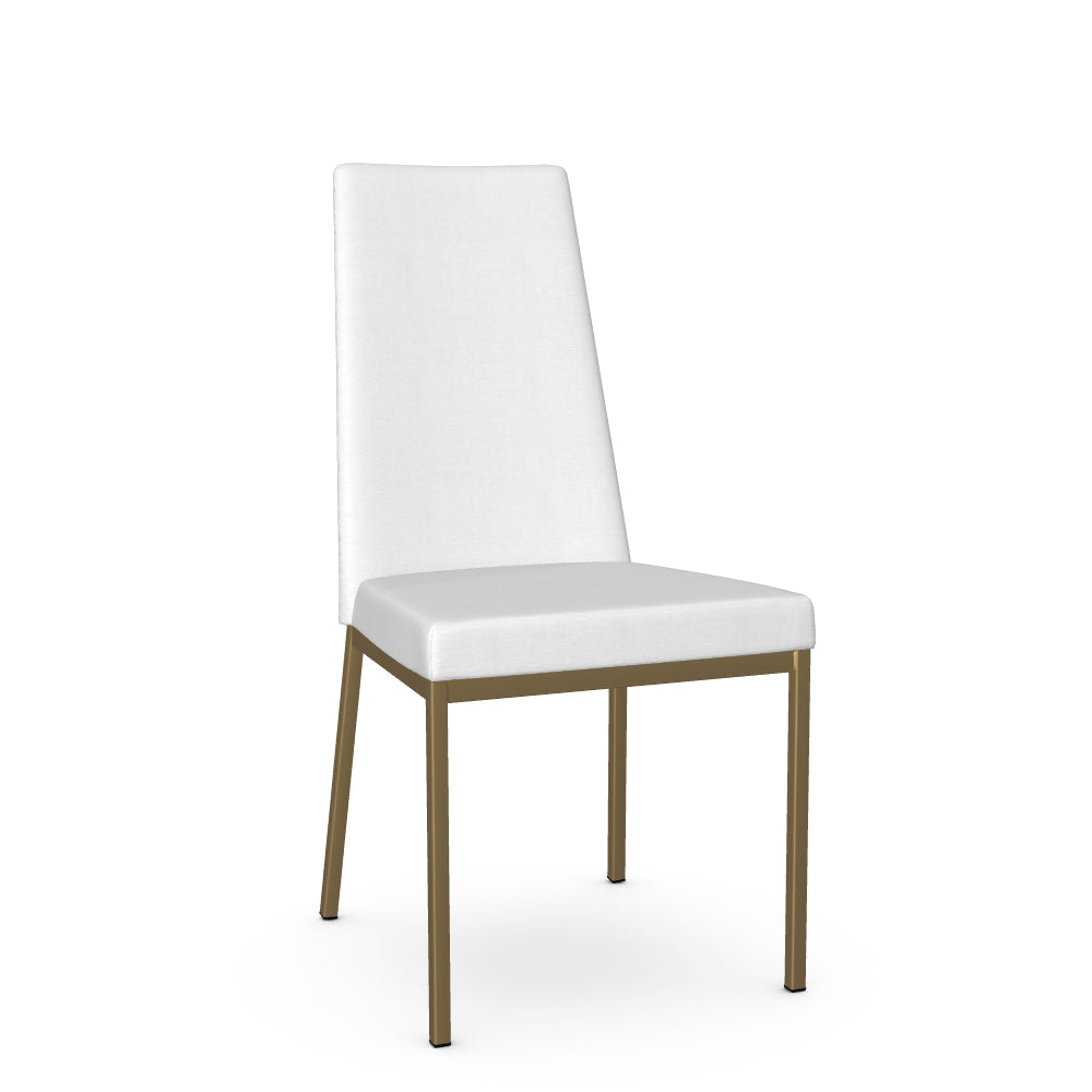 A white dining chair with a metal frame and a full backrest.