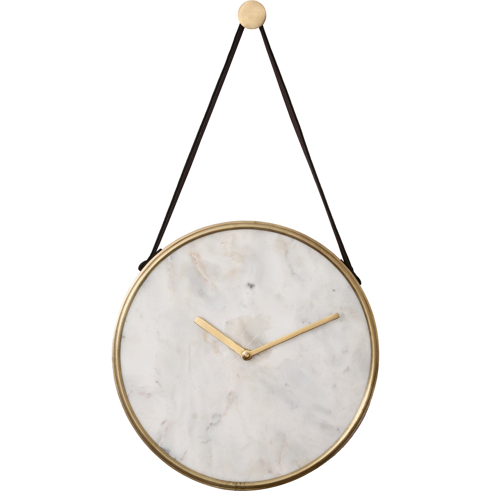 A wall clock with a white marble face and antique brass plated finish hands and strap, with a natural marble pattern variation.