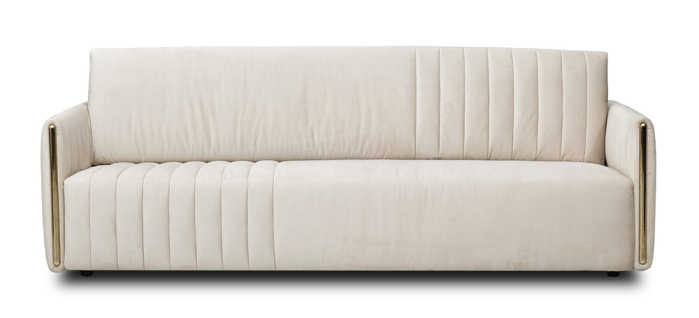 A beige fabric sofa with a modern design, featuring a low profile and minimal backrest detailing.
